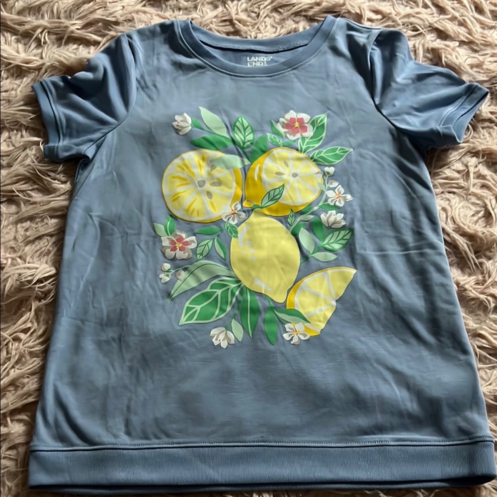 Lands' End Blue and Yellow Lemon Print Short Sleeve Tee